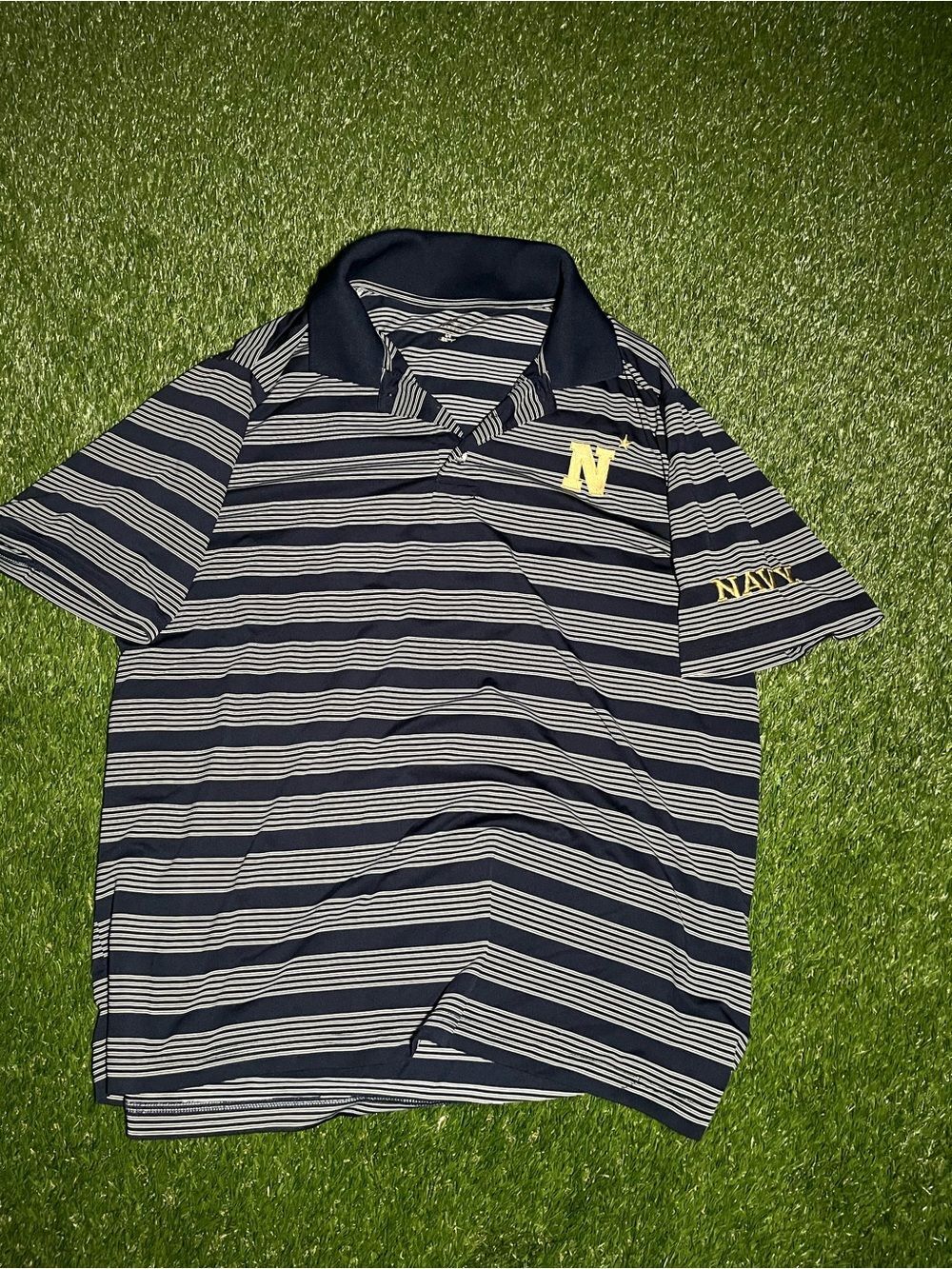 Men’s XL Navy Striped Polo with Yellow 'N' Accent (read description )